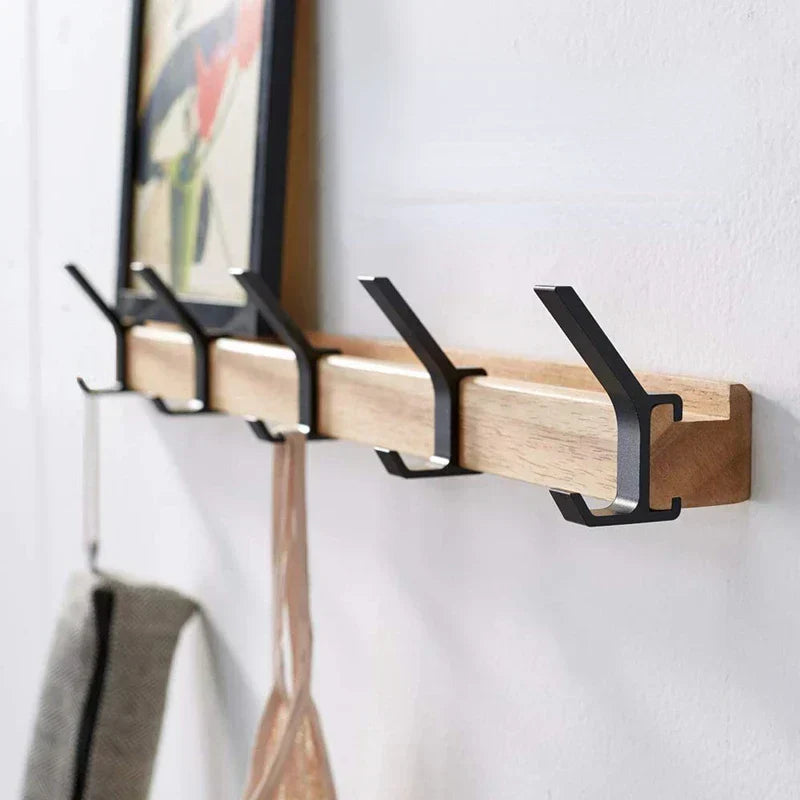 Kapstok Wandmontage Nordic – Verstelbare Wandkapstok met Dubbele Haken, Zwart & Hout
