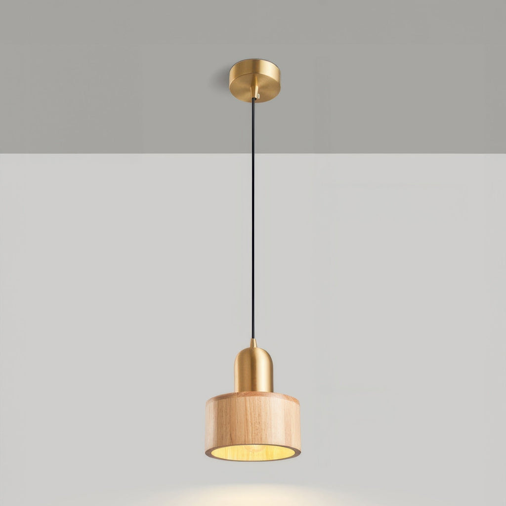 Cylinder Pendant Light | Japanese-Style Walnut & Brass Hanging Lamp
