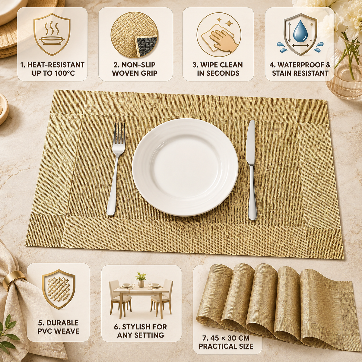 Placemats Antislip Afwasbaar – Hittebestendige Geweven PVC Placemats 45x30 cm voor Eettafel