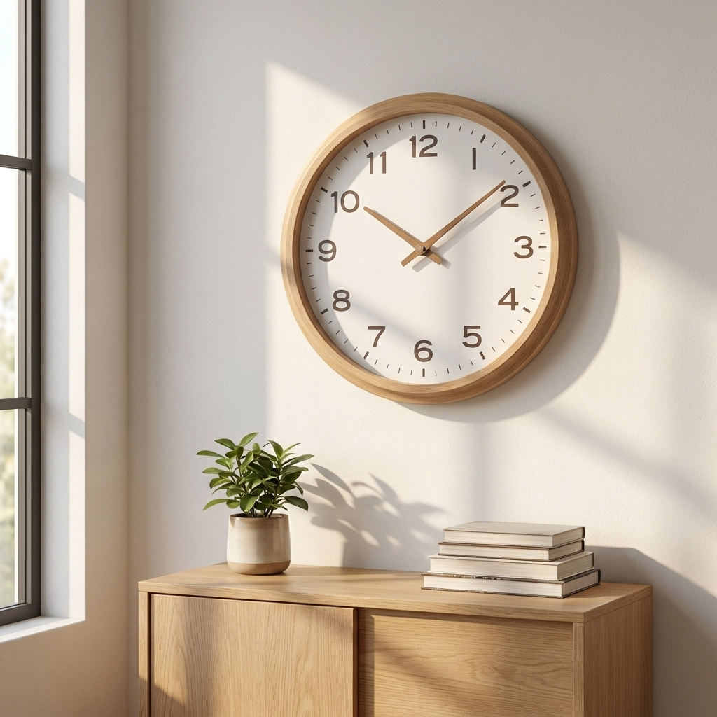Wandklok Hout – Stille Scandinavische Wandklok Zonder Tikgeluid, Rond Minimalistisch Design