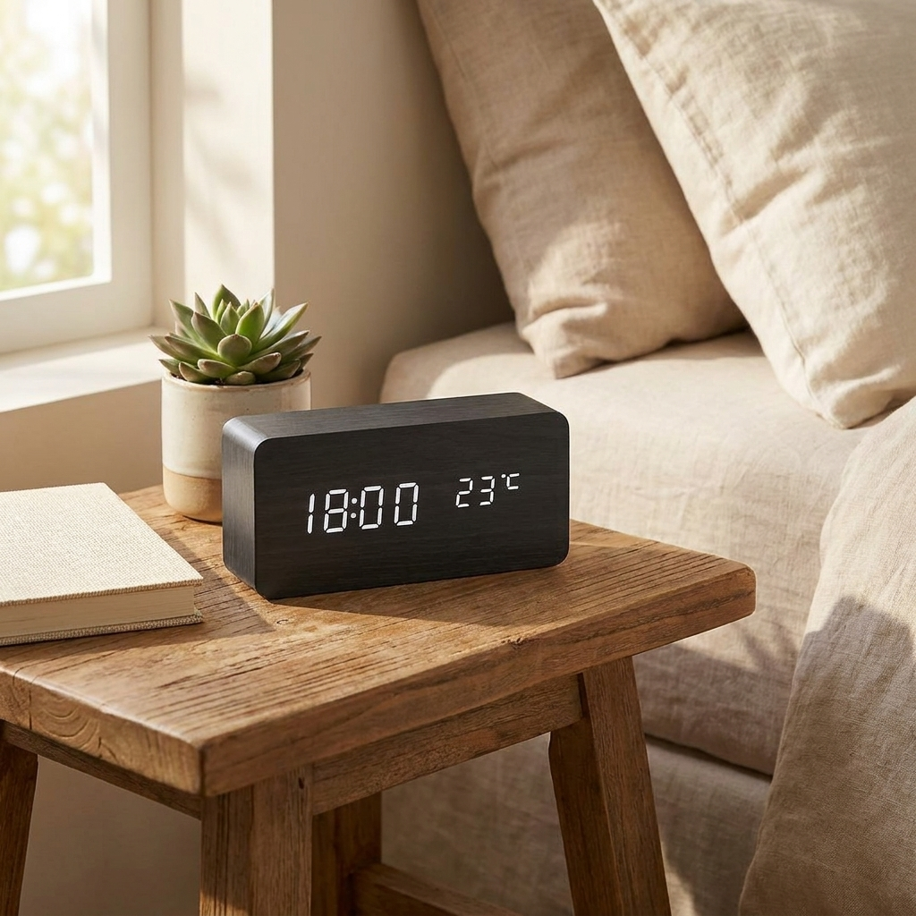 Digitale Wekker Hout LED – Wekker met Spraakbesturing, Temperatuurweergave & 3 Alarmen