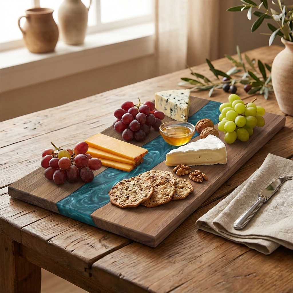 Serveerplank Acaciahout met Rivierdesign – Hars Snijplank & Kaasplank