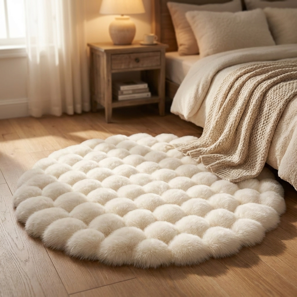 Vloerkleed Rond Pluizig – Zacht Bubbelkleed voor Slaapkamer & Woonkamer