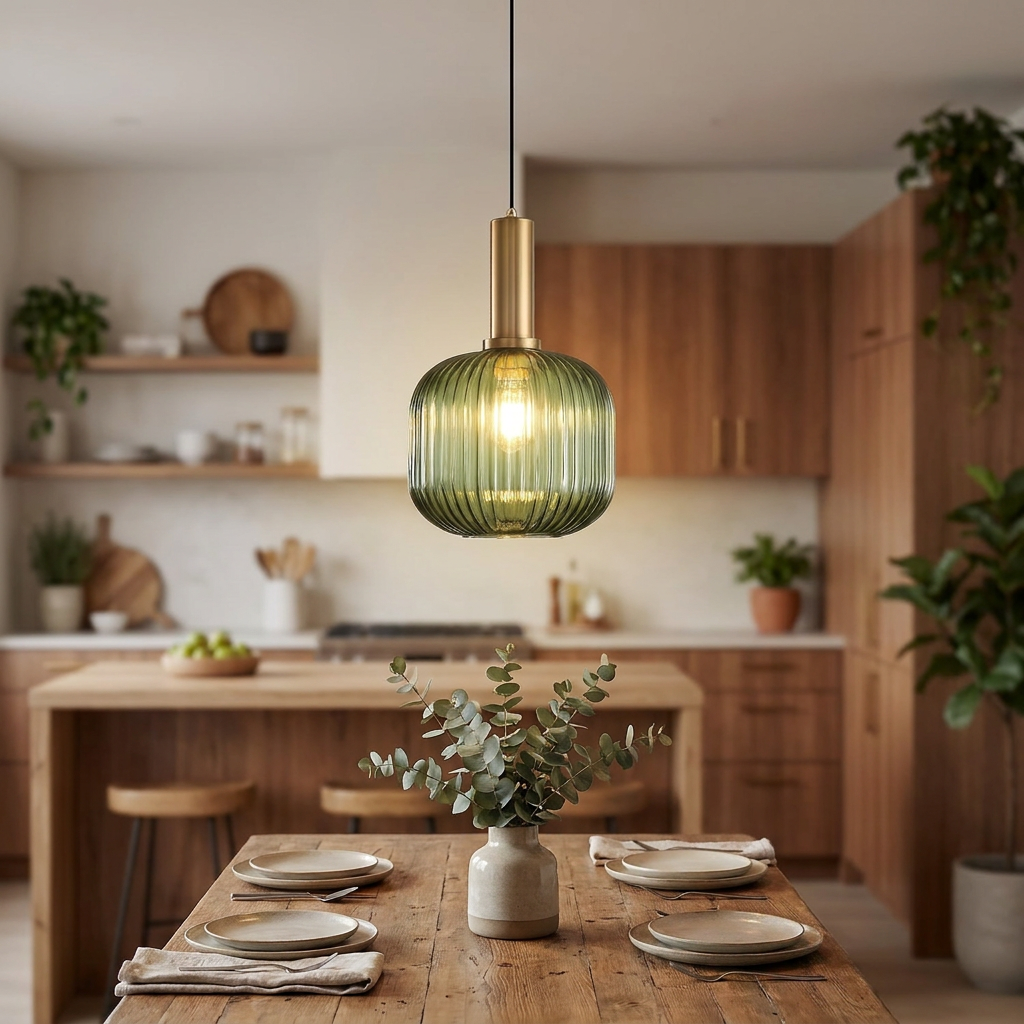 Hanglamp Ribbelglas – Moderne Pendant met Messing en Geribbelde Glazen Kap