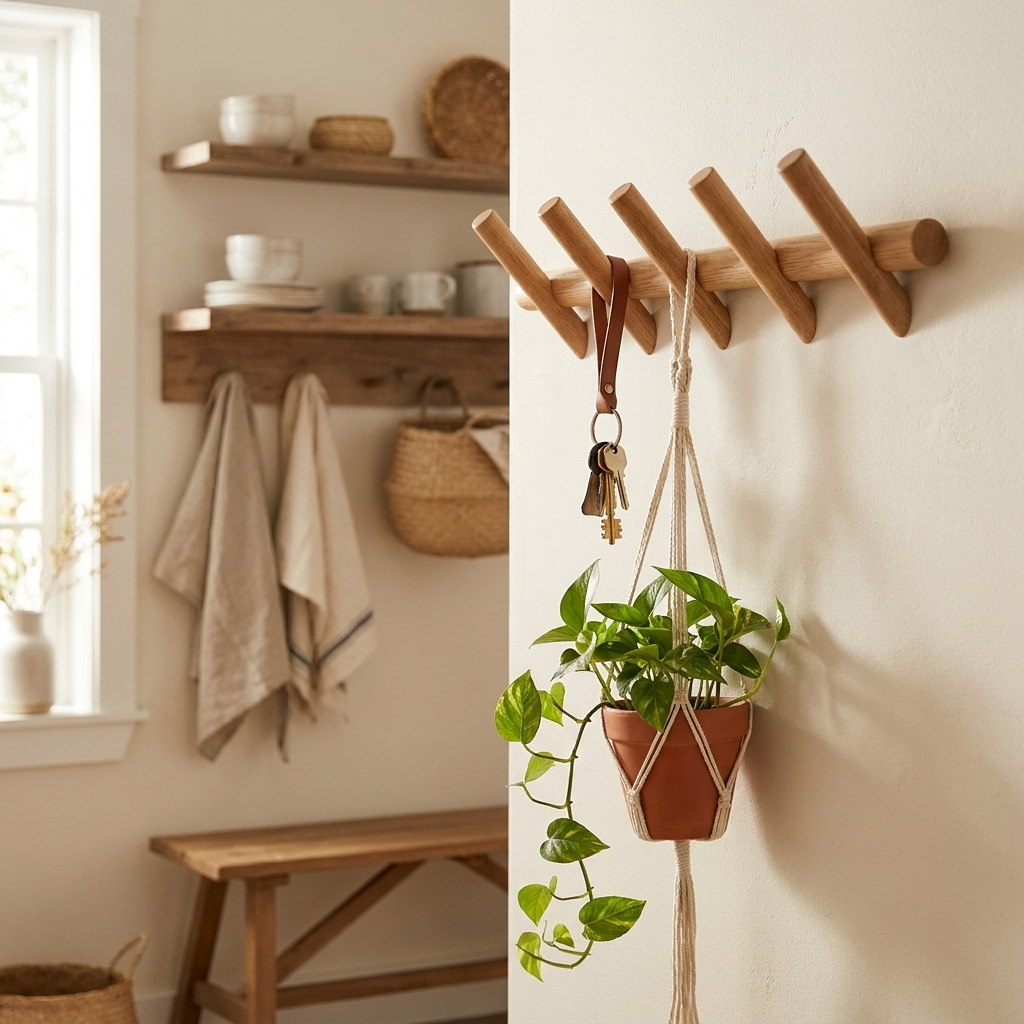 Wandrek Eikenhout – Massief Houten Wandorganizer met Haken voor Hal & Keuken