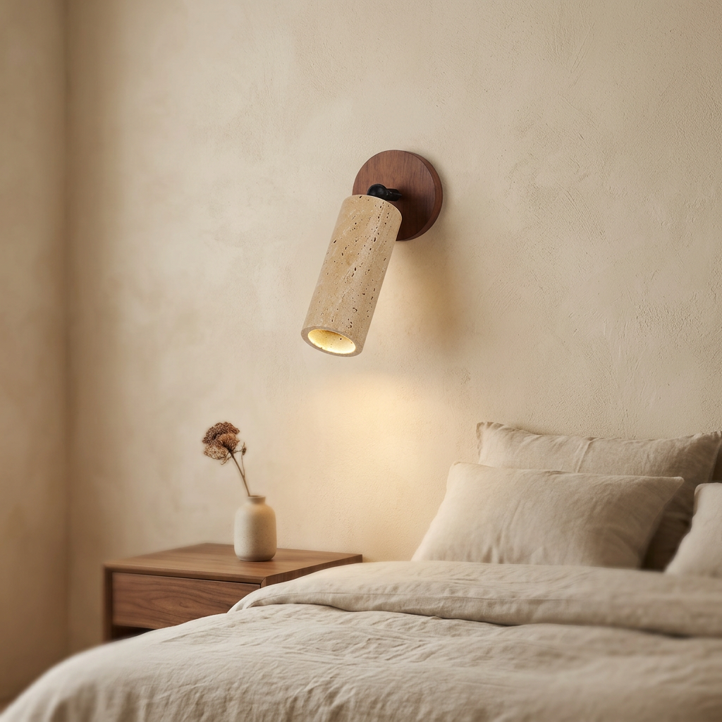 Wandlamp Wabi-Sabi Travertijn & Hout – Japandi Sfeerlamp voor Slaapkamer
