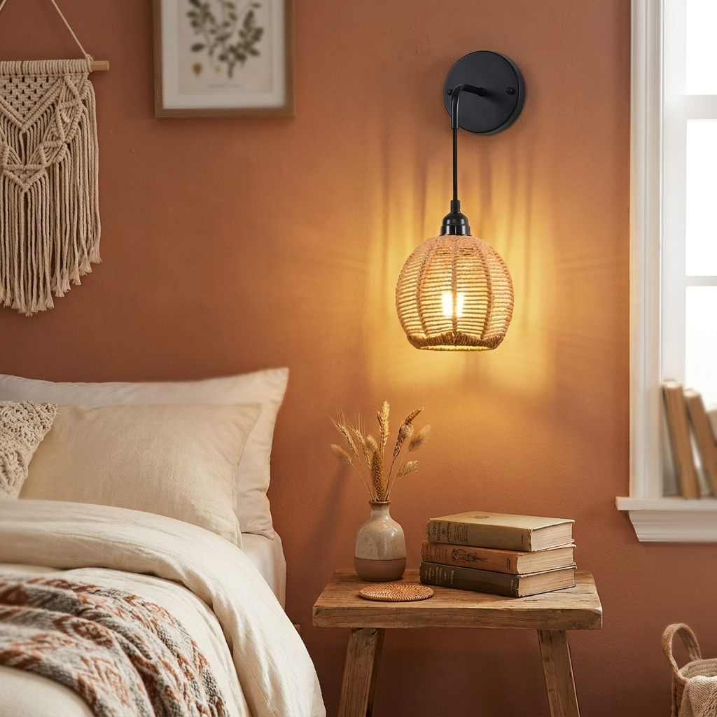 Wandlamp Rotan Boho – Handgevlochten Sfeerlamp voor Slaapkamer & Woonkamer