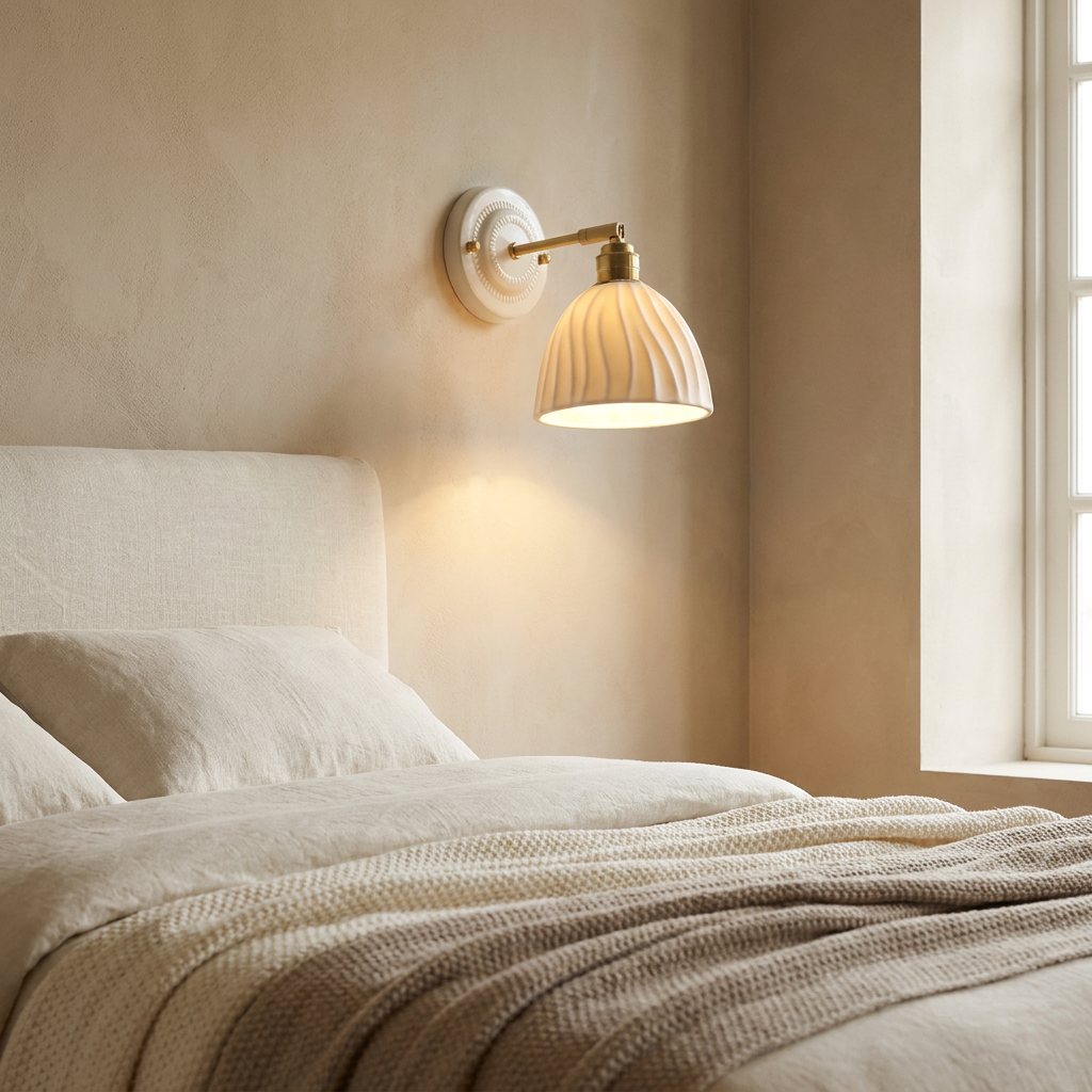 Wandlamp Crème Keramiek – Vintage Nordic Sfeerlamp voor Slaapkamer & Hal
