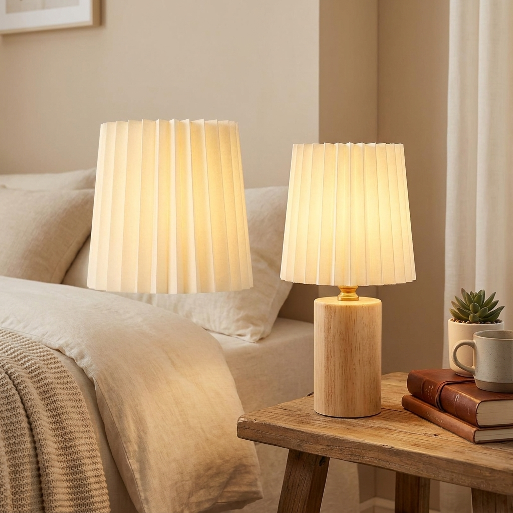 Tafellamp Geplooide Kap – Nordic Sfeerlamp met Houten Voet
