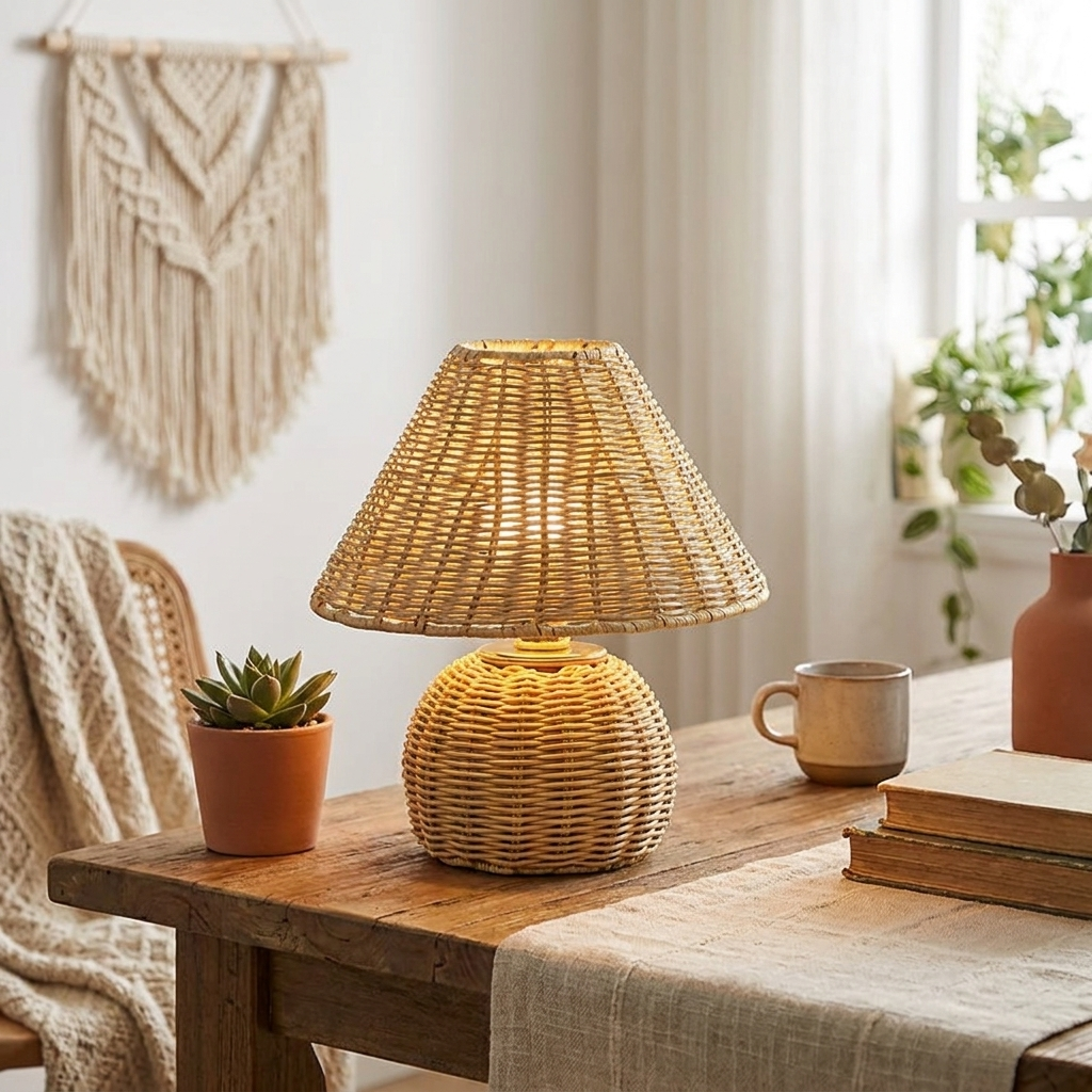 Bureaulamp Bamboe Gevlochten – Boho USB Sfeerlamp voor Bureau & Nachtkastje