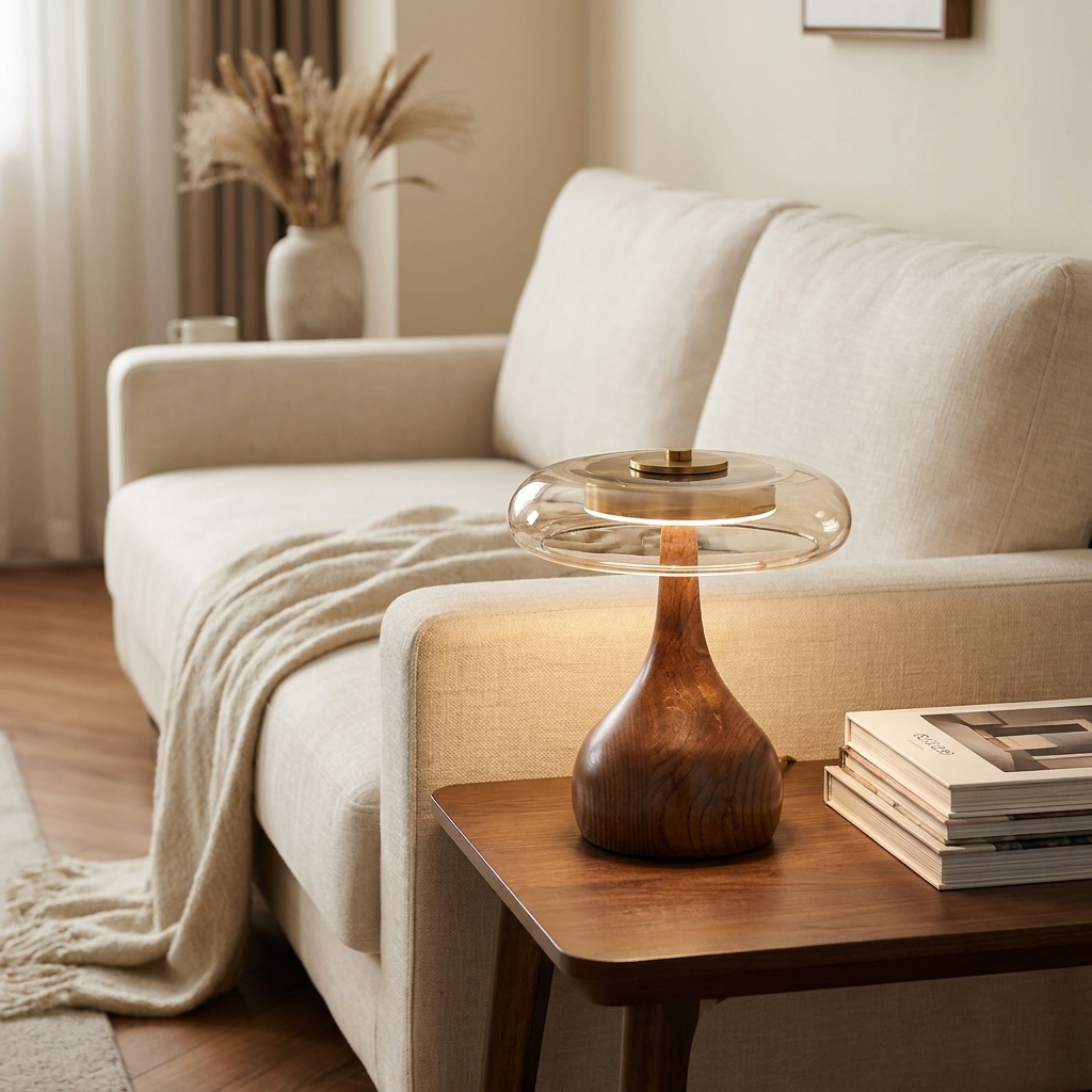 Tafellamp Andi Glas – Moderne Messing & Houten Sfeerlamp voor Woonkamer